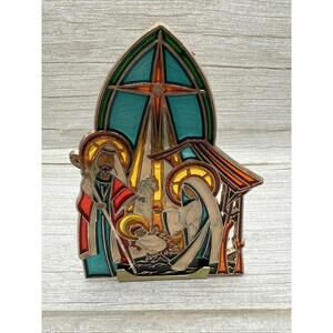 Enesco Jorge Obregon Nativity Stained Glass Gold Trim Christmas Tealight 1989